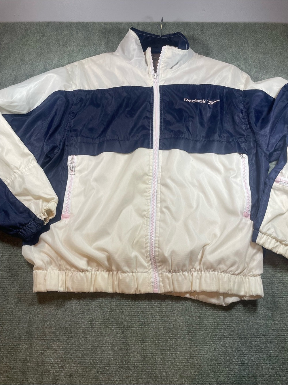 90s Reebok Navy and Off White Panel Track Jacket with Pink Accents